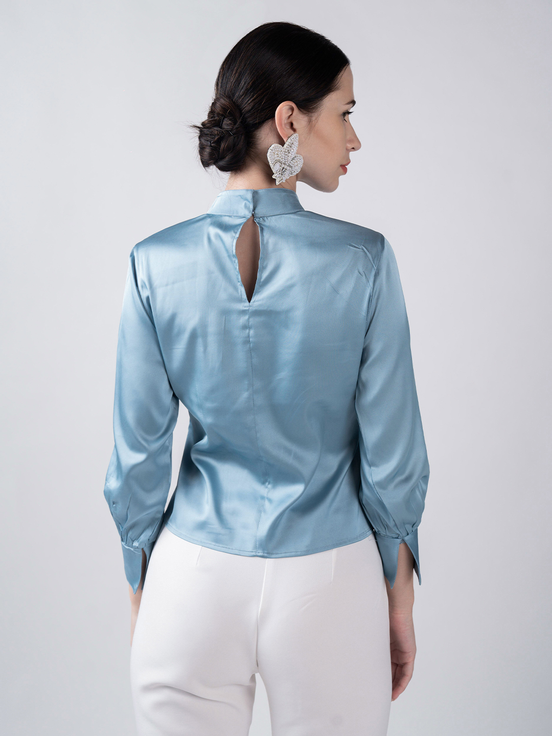 Gathered Collared Top Mint Blue - Back